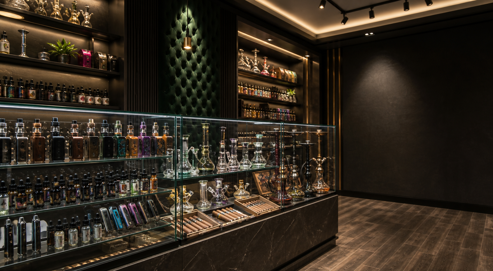Premium smoke shop display with glass cases, vape products, hookahs, and accessories